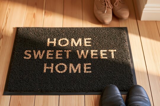Doormat with Home Sweet Weet text on wooden
