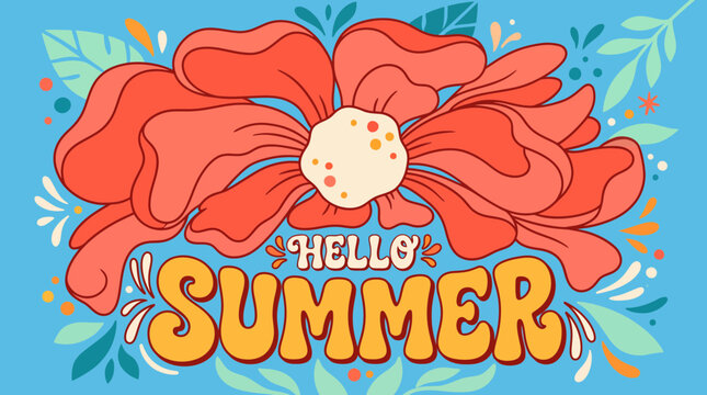 Bright and Colorful Hello Summer Vector Illustration with a Large Red Flower and Playful Typography