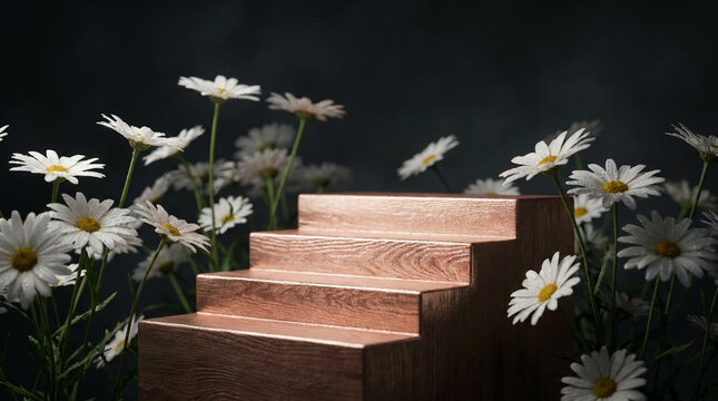 Beautiful macro close-up view photography of a Rose Gold raw wood minimalist stairs podium surrounded by pure white daisies under moody low-key lighting. 