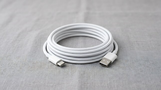 White coiled usb type c to type a charging cable on gray fabric