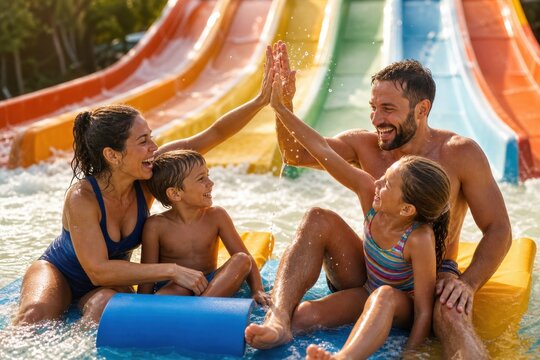 Happy family giving high five at water park slide