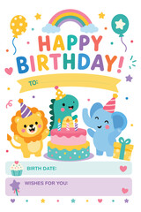 Fototapeta premium Vector Illustration of Birthday Greeting Card With Cute Animals and Cake