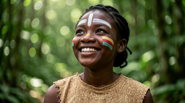 Joyful Woman With Colorful Face Paint In Forest.