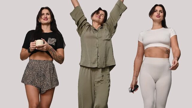 Collage. Caucasian woman in various home clothes on a white background.