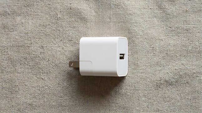 White usb wall charger adapter on textured grey fabric