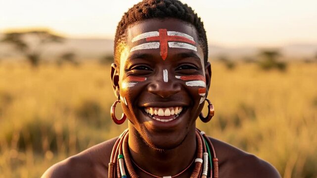 Smiling African Portrait with Traditional Face Paint.