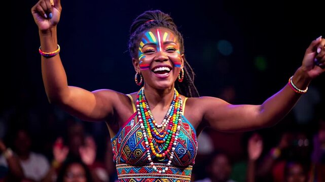 Smiling Festival Performer With Colorful Face Paint.