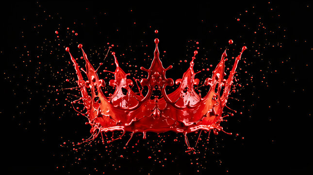 Crown shaped from vibrant red liquid splashing gracefully against a solid black background creating dynamic artistic patterns.