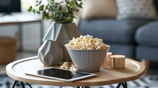 cozy living room coffee table with popcorn bowl
