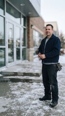 Fototapeta premium Tradesman Standing Outside Modern Commercial Building in Winter Setting