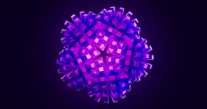 Glowing blue and pink geometric elements continuously morph and rearrange into complex radial patterns against a dark purple background.