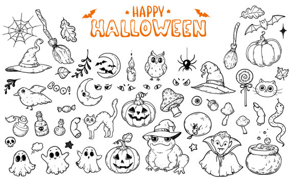 Happy Halloween vector icon set. Naive line art elements with pumpkin, ghost, witch hat and vampire on white background