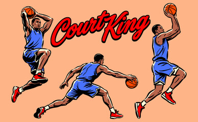 Court King basketball player Artwork design for t-shirt print. Sports action illustration featuring basketball athlete in motion. © Tri