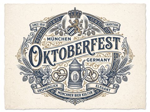 Ornate vintage Oktoberfest emblem design featuring lion crest, crown, beer stein, pretzels, hops, and wheat in engraving style on textured handmade paper background.