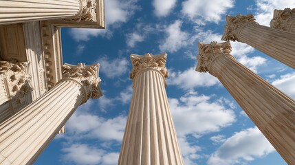 Naklejka premium Tall ornate stone columns reach up towards blue