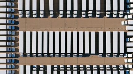 Obraz premium Aerial view of rows parked semi trucks at