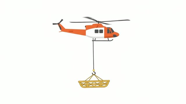 Helicopter carrying a rescue basket suspended from a long winch cable demonstrates an aerial emergency extraction operation against a plain white background.