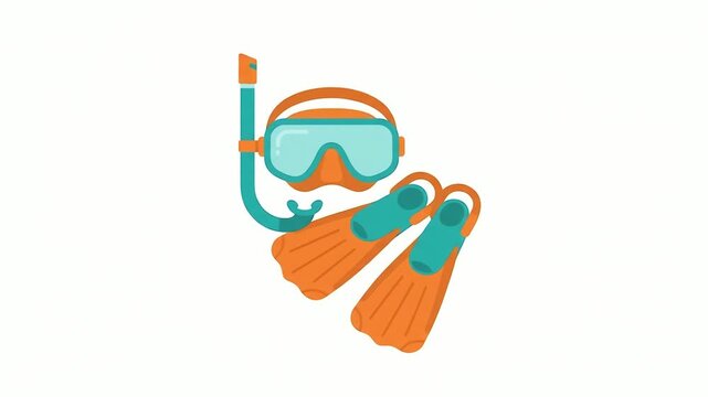 Snorkel set consisting of orange fins, a matching diving mask, and a breathing tube arranged neatly on a plain white background for summer vacation themes.
