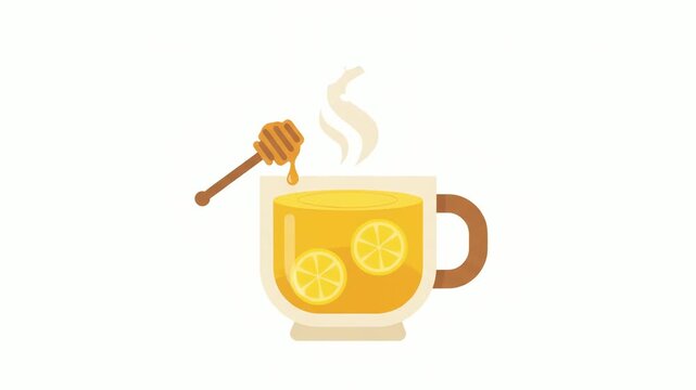 Teacup containing steaming yellow liquid with floating citrus slices features a wooden honey dipper dripping syrup beside the handle in a flat vector design graphic.