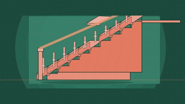 Abstract animated staircase stringer treads rising drawn as green and teal lines and shapes on a deep dark background. Seamless looping 4K motion graphics video with free space for text, ideal for ind