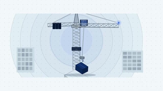 Abstract animated tower crane jib slewing drawn as blue and cyan lines and shapes on a bright, clean light background. Seamless looping 4K motion graphics video with free space for text, ideal for ind