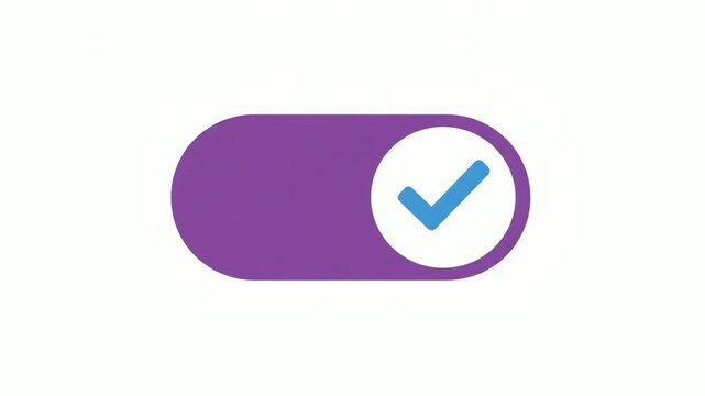 Toggle switch featuring a purple container and a white circle containing a blue checkmark symbol stands isolated against a plain white background surface.