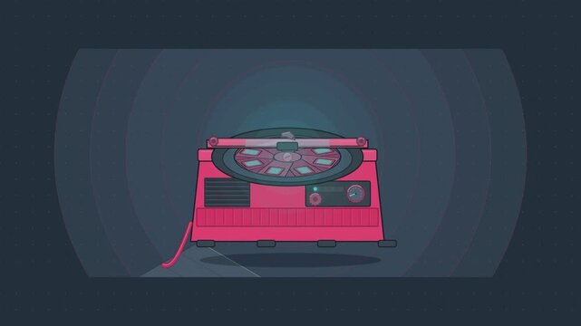 Abstract animated centrifuge rotor spinning under drawn as violet and blue lines and shapes on a deep dark background. Seamless looping 4K motion graphics video with free space for text, ideal for sci