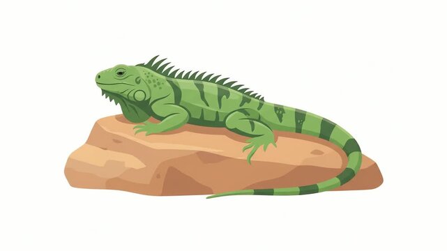 Iguana resting on a flat brown rock features detailed green scales and spiky crests along its back, shown from a side profile against a plain white background.