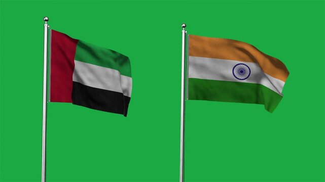 United Arab Emirates  and India Waving Flags, 3D Illustration