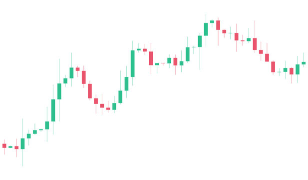 Fluctuating green and red candlestick chart depicting dynamic stock market performance and investment trends, isolated on transparent background.