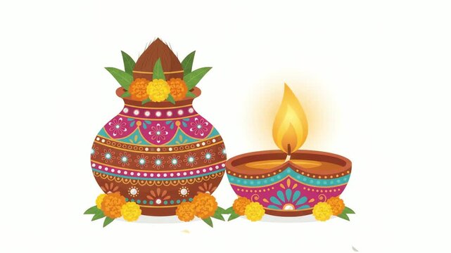 Kalash stands beside a lit diya lamp decorated with intricate patterns and marigold flowers for traditional celebrations and cultural festivities today.