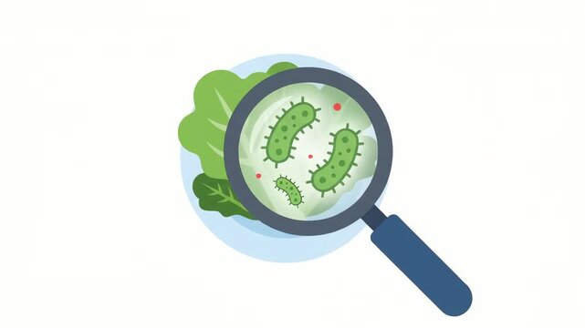 Microbiology illustration depicting a magnifying glass examining green bacteria on fresh lettuce leaves to highlight food safety hazards and microbial contamination risks.