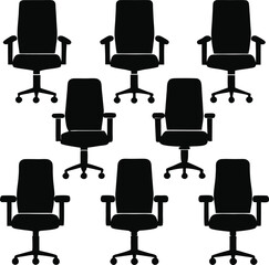 Obraz premium A collection of nine black silhouette of office chairs with wheels arranged in a grid on a white background