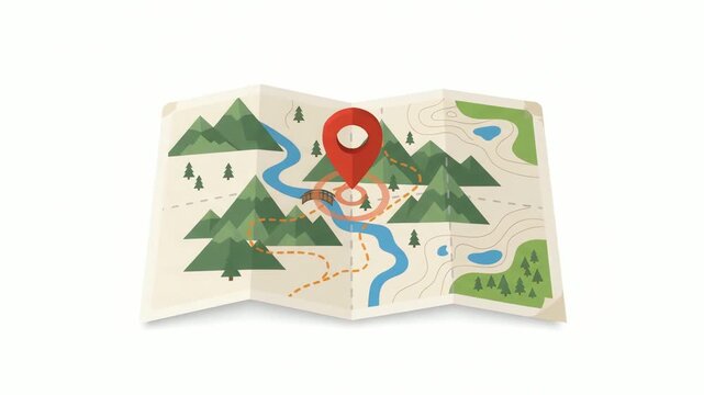 Map featuring a large red location pin resting centrally on top of illustrated mountains and a flowing river surrounded by green trees on a clean white background.