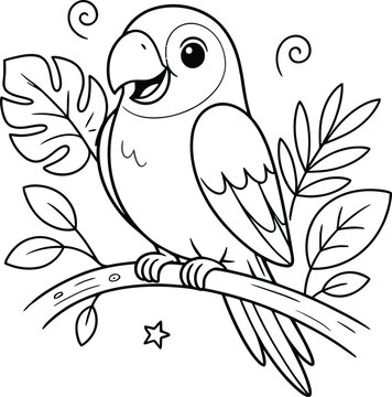 Cute cartoon parrot coloring page. Monochrome bird on branch and leaves outline. Fun activity sheet for kids.