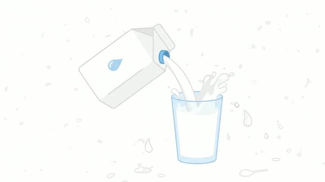 Milk pouring from a carton into a glass creates a vibrant splash against a clean white background in this minimalist vector illustration.