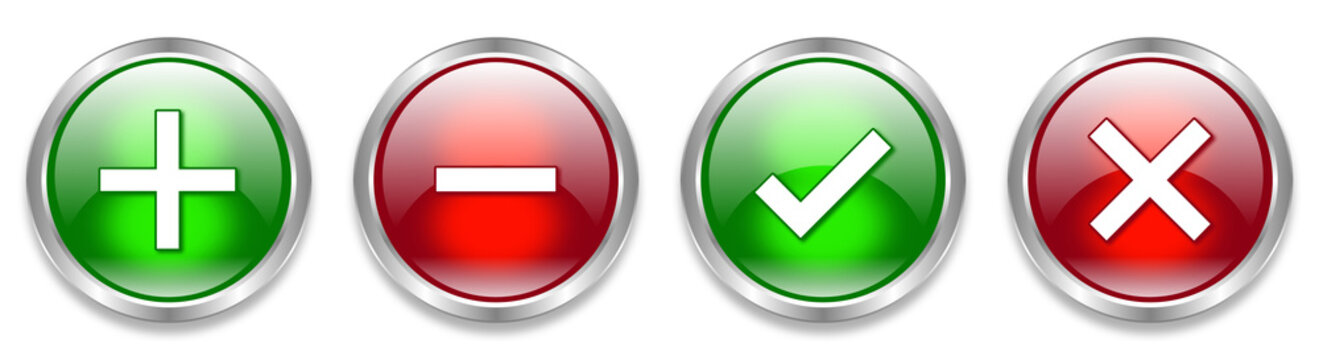Set of glossy green and red round buttons with plus icon, minus sign, check and cross mark symbols isolated on transparent background.