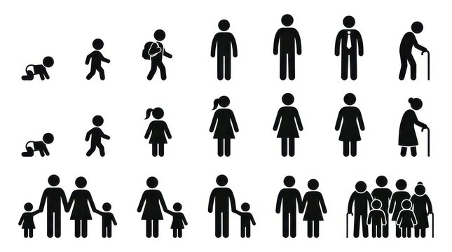 Human Life Cycle and Family Structure Icons Set - From Baby to Senior Citizen Stick Figures for Male and Female