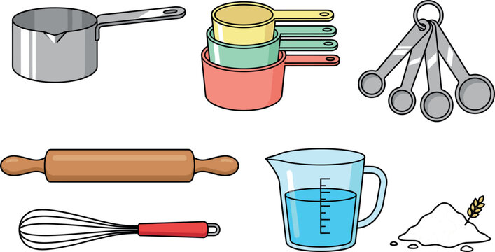 Baking and Cooking Measuring Tools Vector Set with Cups Spoons Rolling Pin and Whisk Icons