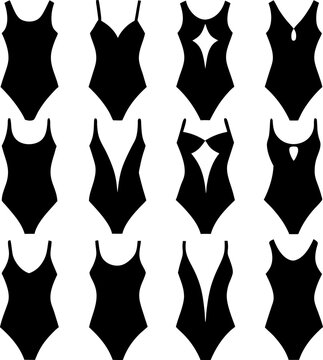 Twelve different black and white silhouettes of women one piece swimsuits showing various necklines and cut out
