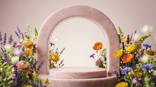Beautiful front eye-level view photography of a Soft Pastel Pink natural stone elegant arch podium surrounded by vibrant multicolored wildflowers under dramatic cinematic studio lighting. 