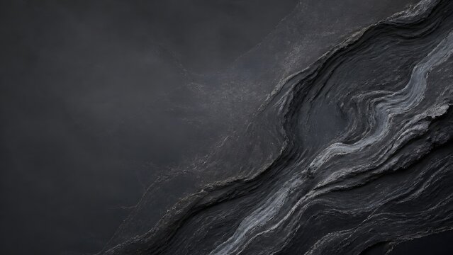 Abstract dark grey liquid marble texture background with flowing wave patterns.