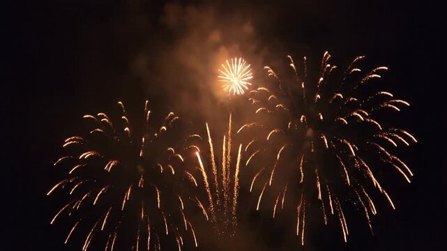 Golden firework bursting in dark night sky with smoke