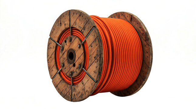 Large wooden spool with thick orange electrical cable for construction work