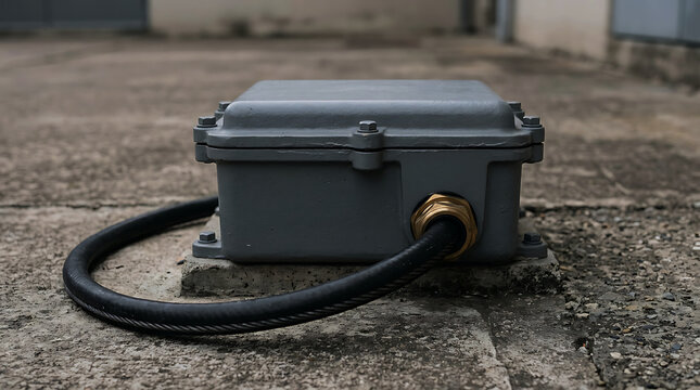 Industrial gray electrical junction box with a thick black power cable
