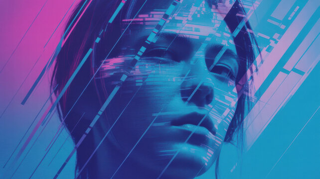Futuristic woman portrait with digital glitch elements for cyberpunk sci-fi concepts.