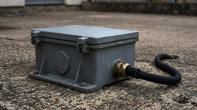 Industrial electrical junction box with a black cable on concrete ground