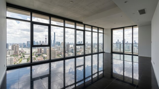 Modern Empty Luxury Office or Apartment with Panoramic City Skyline View and Reflective Black Tile Floor