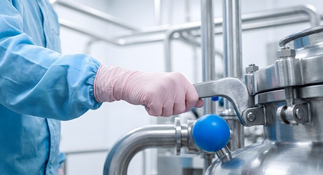 Technician in blue protective suit and pink gloves turns stainless steel valve on industrial pharmaceutical machine.