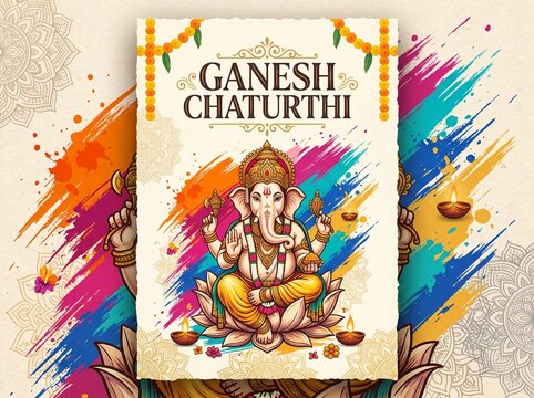 Lord Ganesha invitation poster layout for Ganesh Chaturthi festival featuring Lord Ganesha on lotus, marigold garlands, diyas, and vibrant paint splashes.